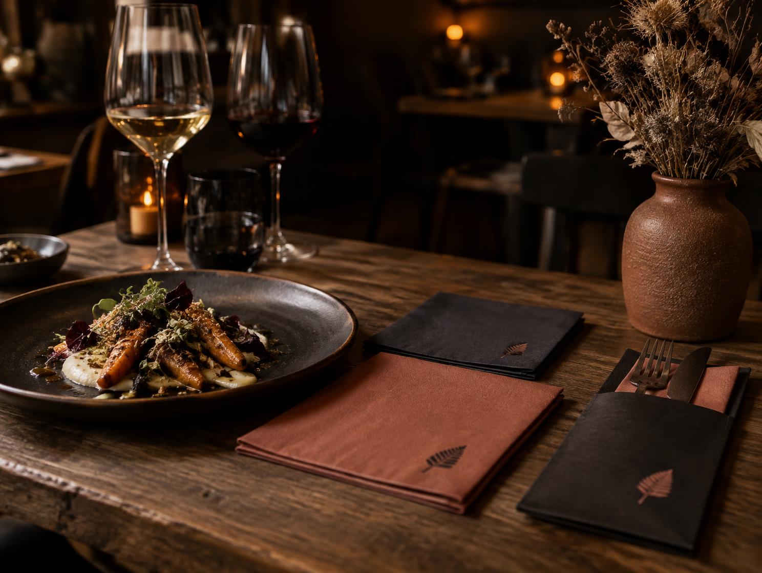 Gedekte restauranttafel met bedrukte papieren servetten